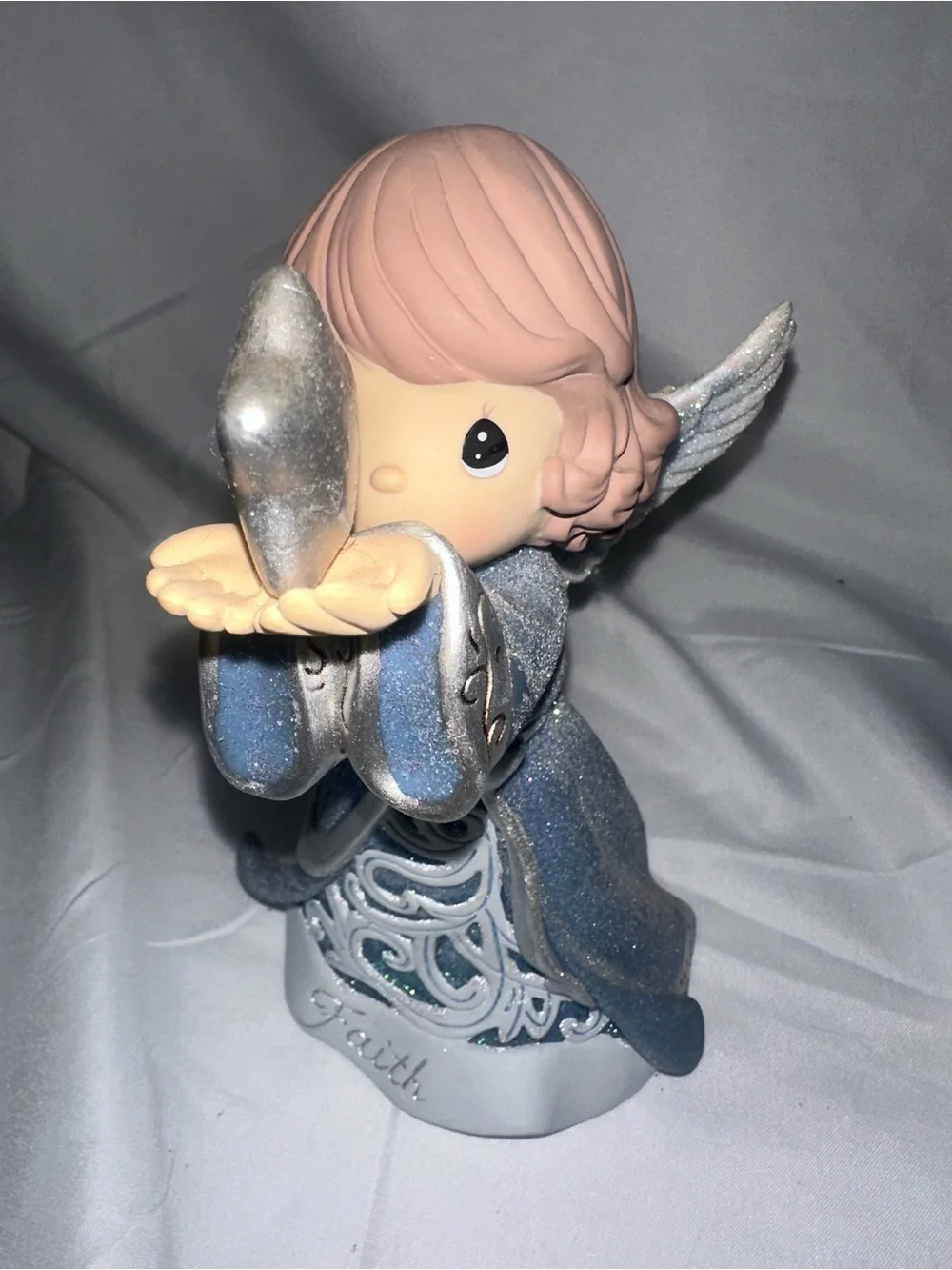 Faith Angel Glitter Figurine Musical Lighted Blue Silver Religious Decor